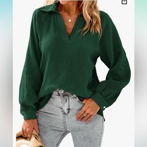 Fashion dark green 100% cotton long sleeve V-neck top size M.